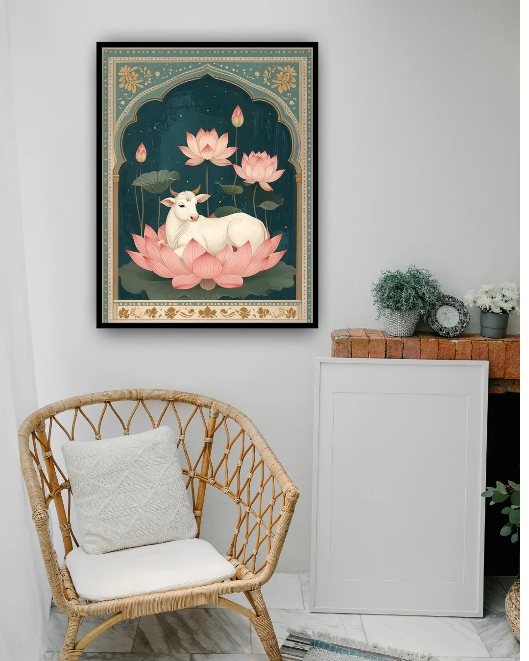 Pink lotus floral wall art canvas displayed near a rattan chair in a stylish interior
