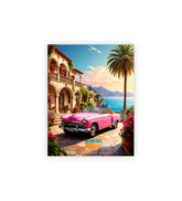 Pink vintage car parked in front of a Mediterranean-style villa with a scenic ocean view.
