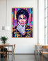 Colorful framed portrait of a famous figure in a modern interior setting