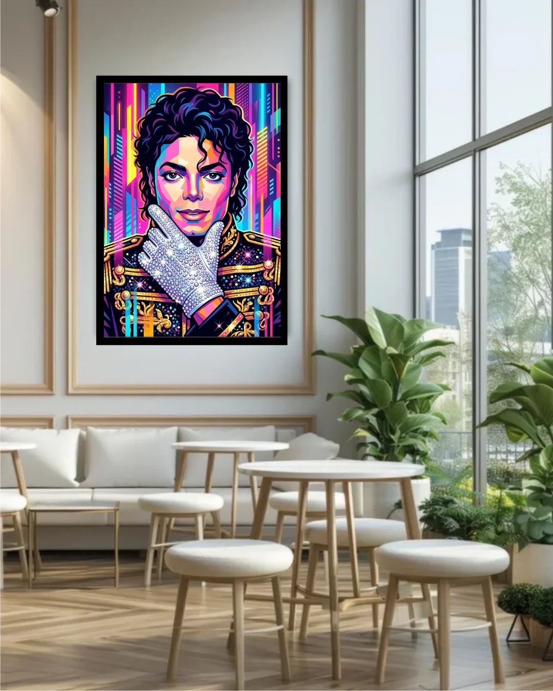Colorful portrait of a famous figure in a modern living room with large windows.