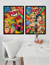 Two framed pop-art posters hanging on a white wall above a dining table. The posters feature colorful retro comic-style illustrations with the word "POP!" and Coca-Cola bottles, shown in a styled interior setting.