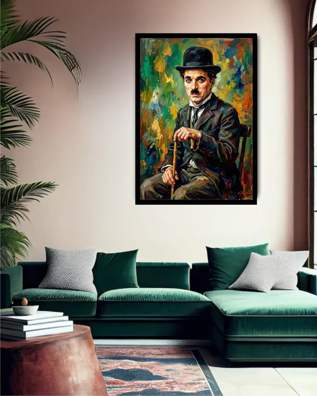 Framed painting of a man with a cane in a living room with a green sofa and plant.