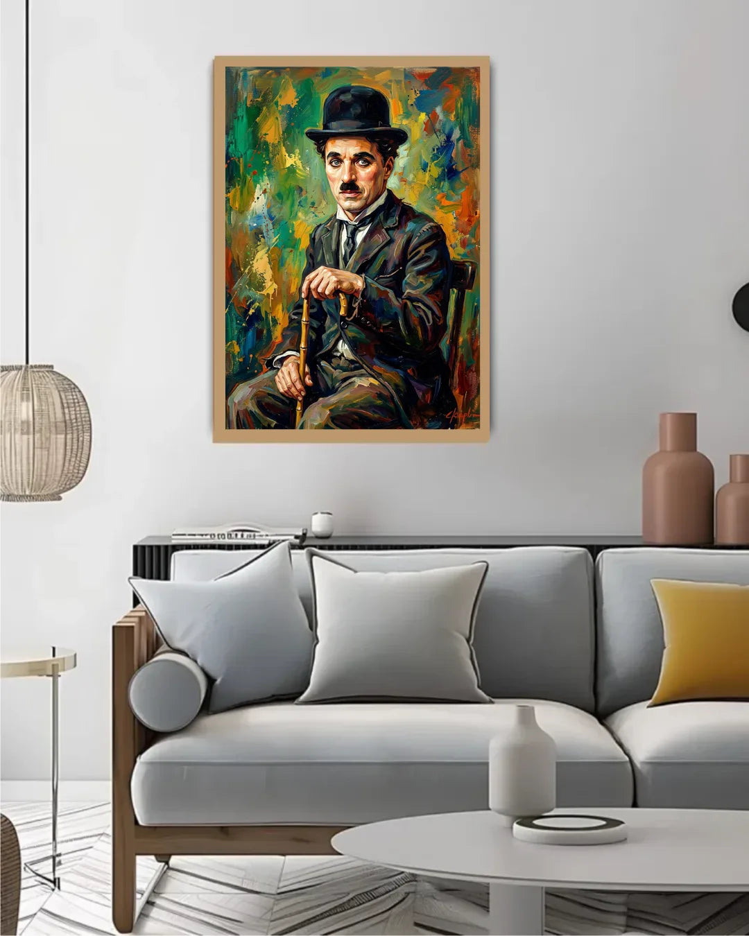 Living room with a gray sofa, decorative pillows, and a colorful painting of a man in a suit and hat on the wall.