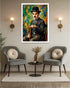 Living room with two gray chairs, a small round table, and a colorful framed portrait of a man on the wall.