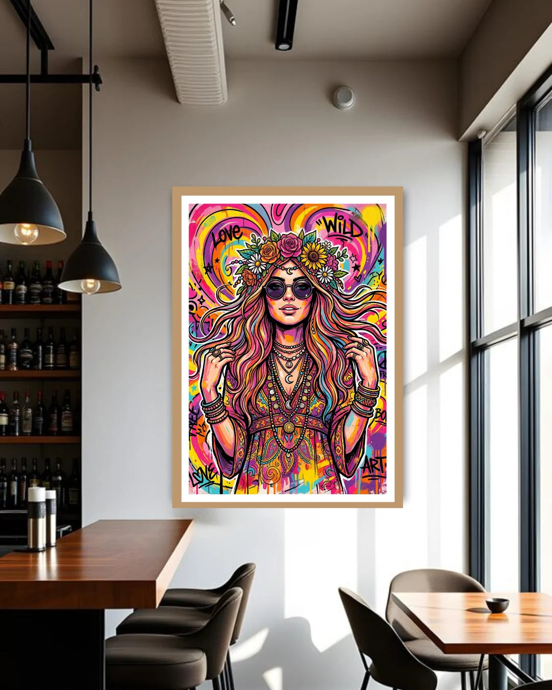 psychedelic woman graffiti wall art canvas in modern cafe interior