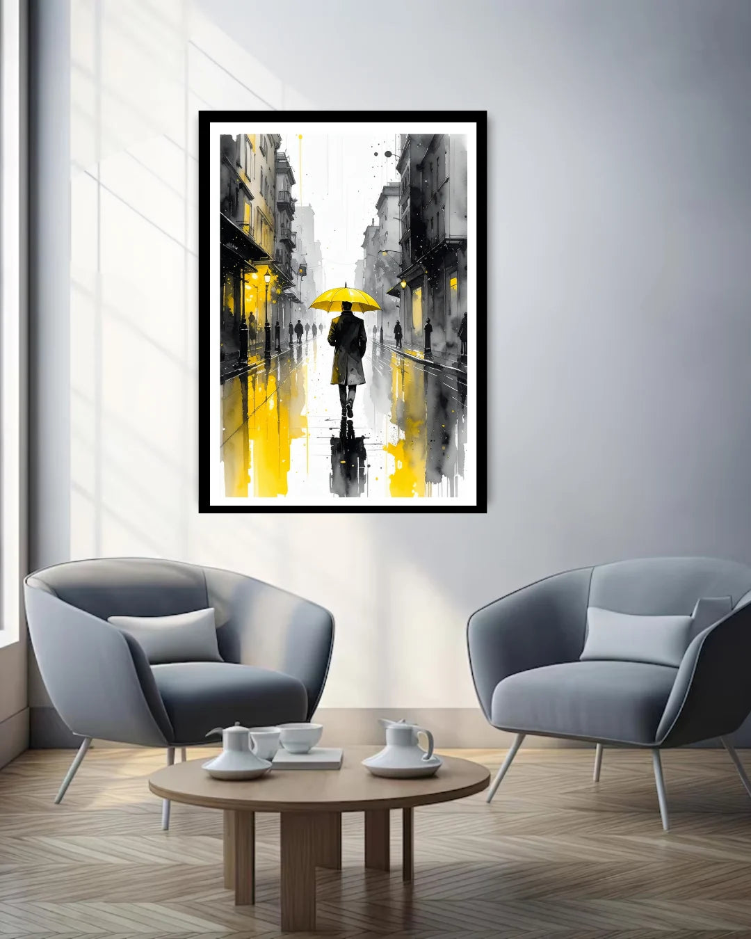 abstract rainy city wall art canvas displayed in modern living room