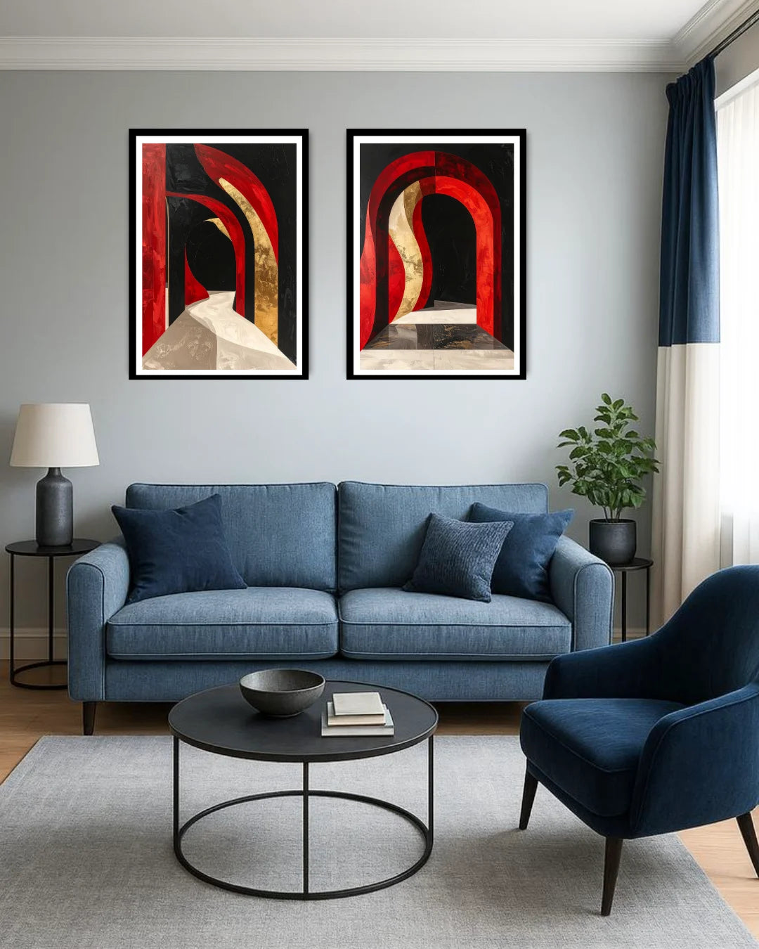 red and black abstract arch wall art canvas displayed in modern living room