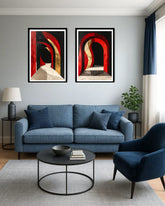 red and black abstract arch wall art canvas displayed in modern living room