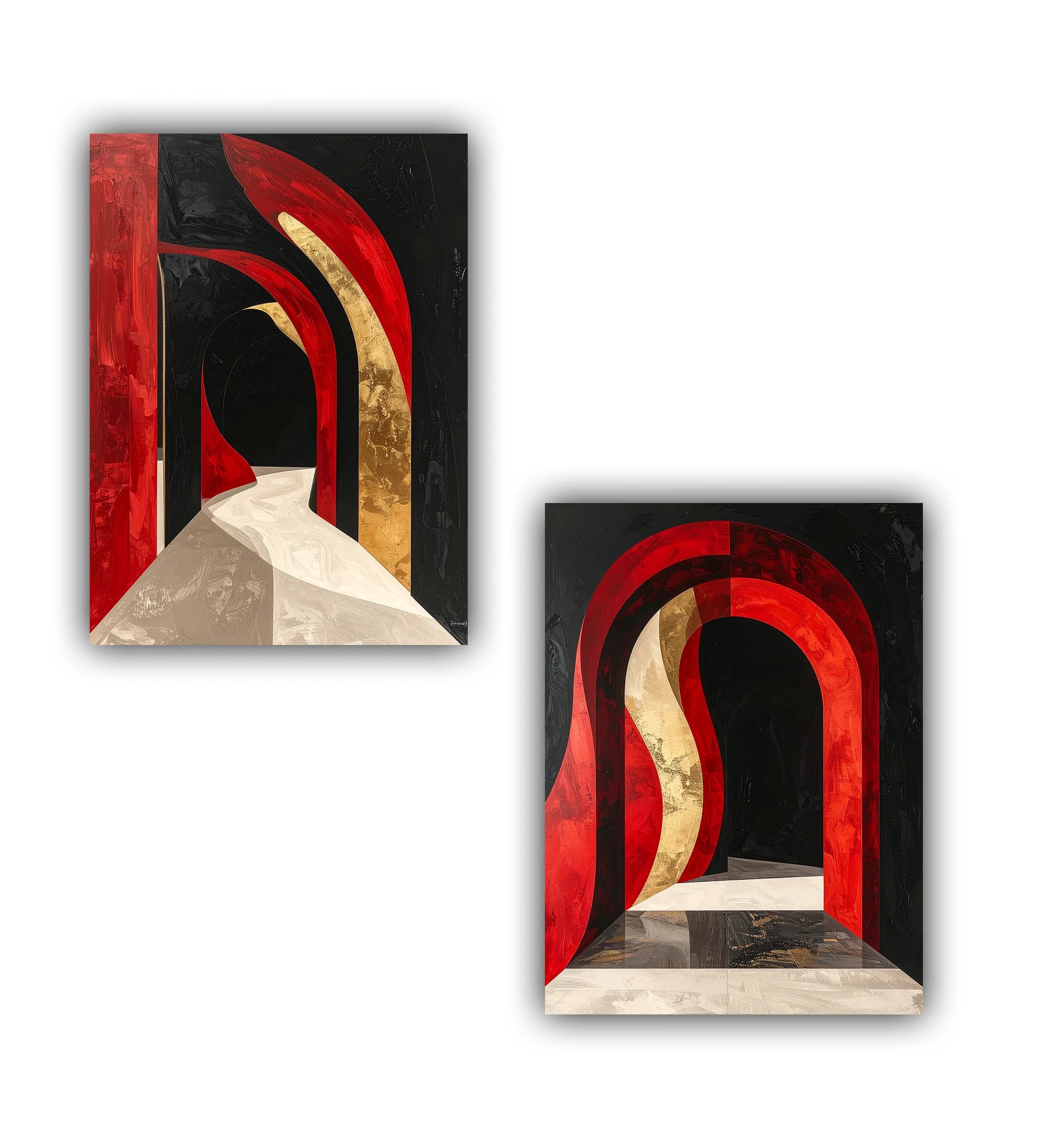 close-up of red and black abstract arch wall art canvas