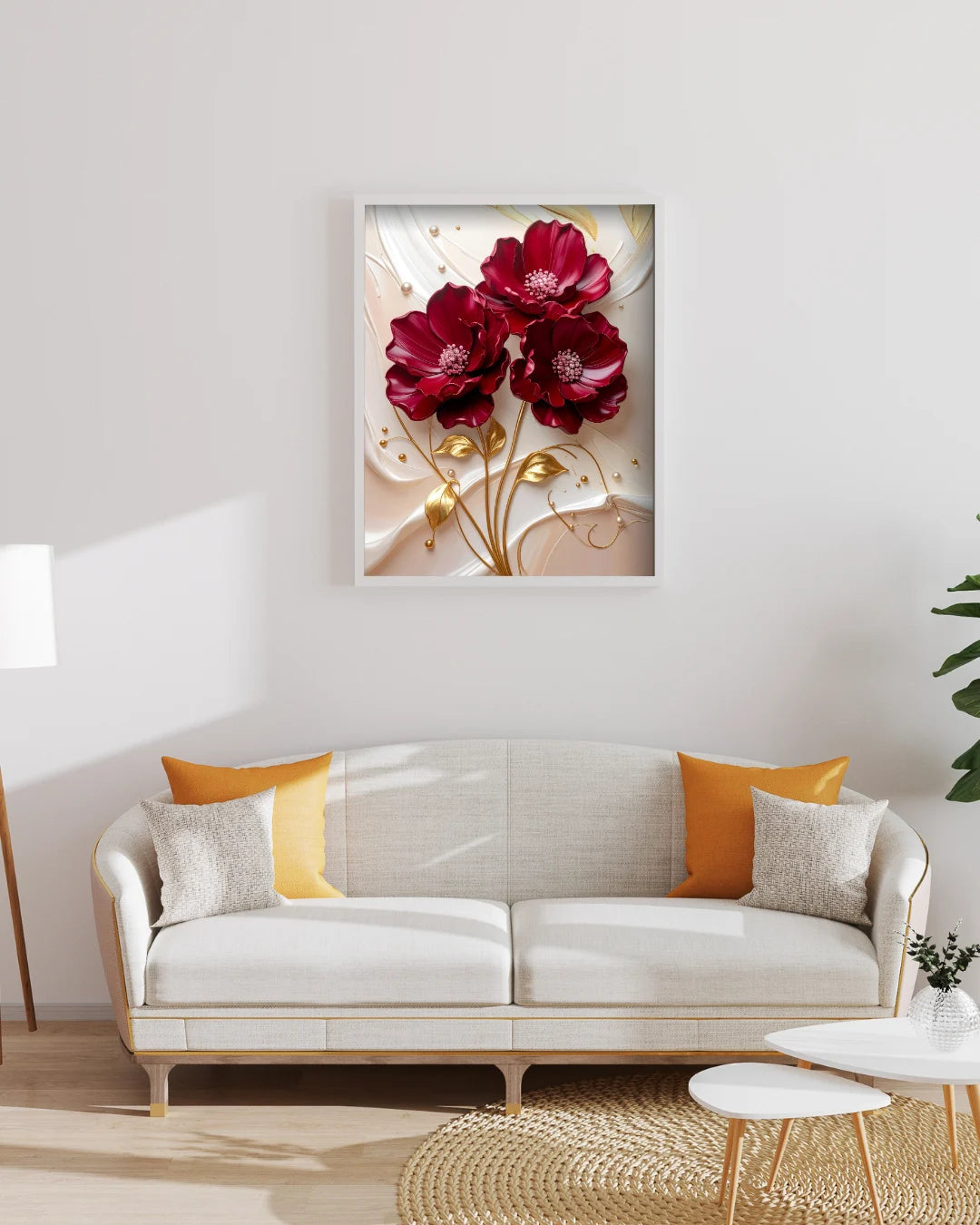 Red floral canvas wall art displayed in modern living room decor
