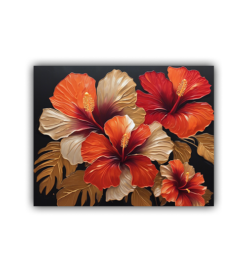 Red and orange hibiscus floral canvas painting close up view
