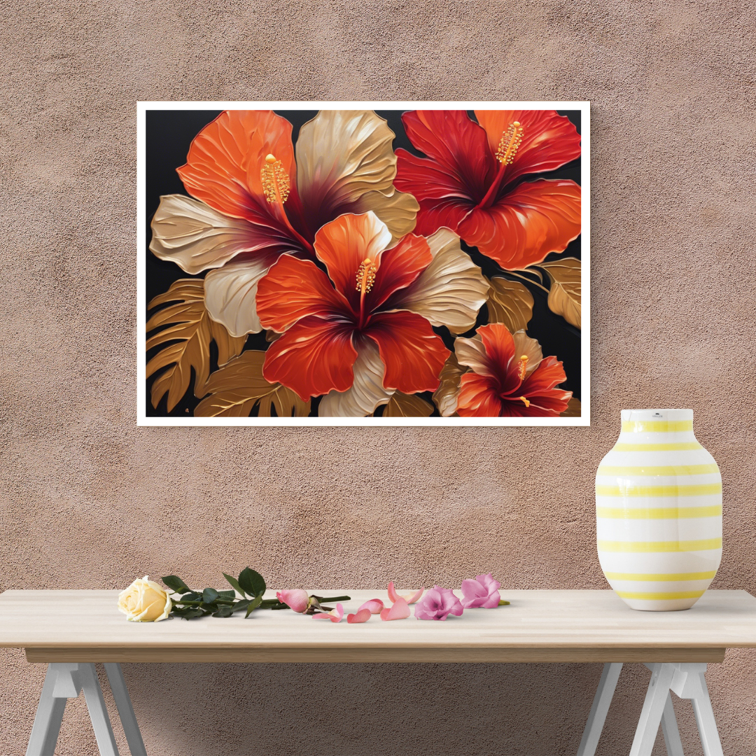 Red and orange hibiscus floral canvas wall art for home wall decor
