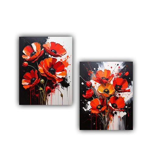 Close-up view of red poppy floral wall art canvas set paintings
