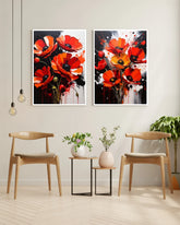 Red poppy floral wall art canvas set displayed on a dining area wall with wooden chairs
