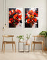Red poppy floral wall art canvas set displayed on a dining area wall with wooden chairs
