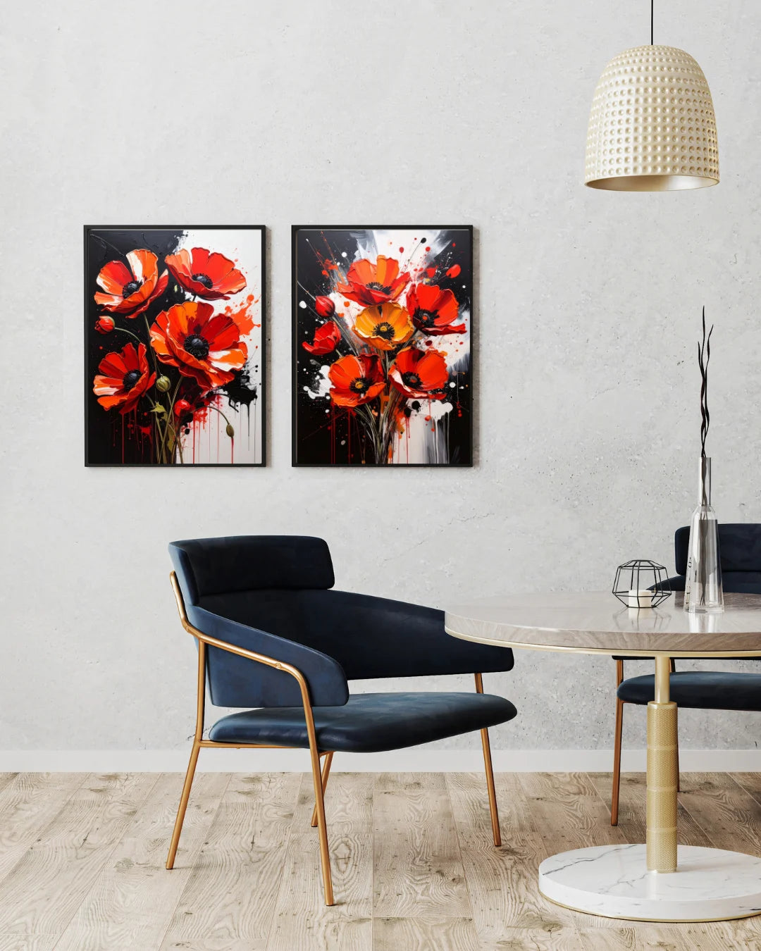 Red poppy floral wall art canvas set displayed above an armchair in a stylish living room
