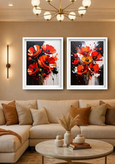 Luxury living room decorated with red poppy floral wall art canvas set
