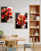 Red poppy floral wall art canvas set displayed in a modern study room interior
