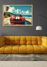 A framed wall art print showing a red muscle car on a beach road, displayed above a mustard yellow tufted sofa in a modern living room setting.