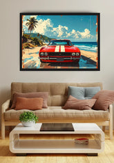 A framed wall art print depicting a red muscle car on a tropical beach, displayed above a beige sofa in a modern living room setting.