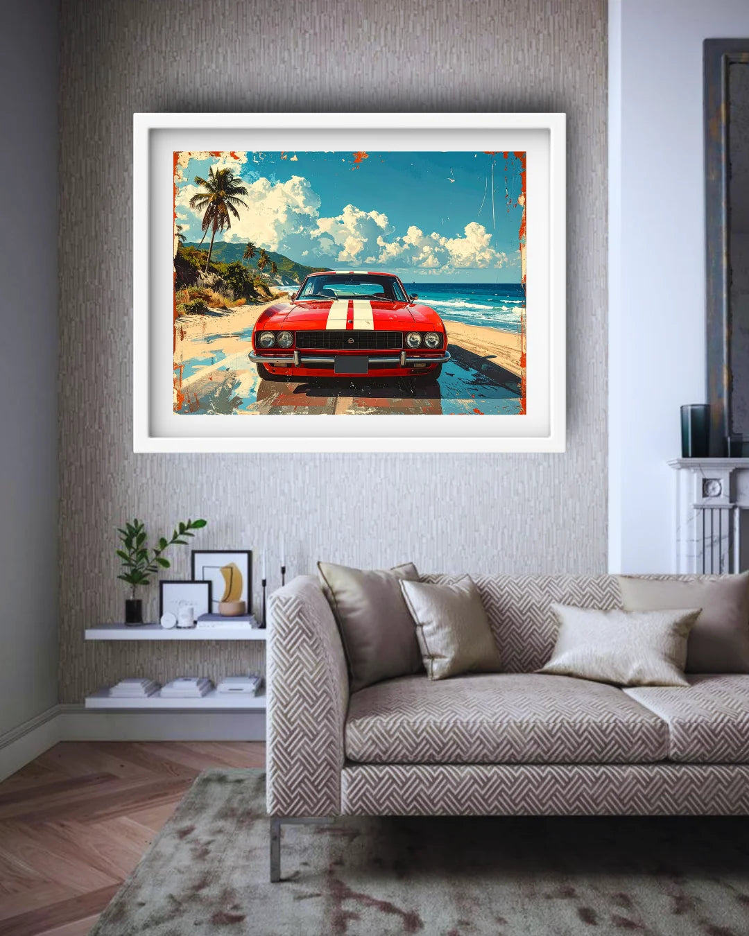 Retro red car coastal landscape canvas wall art
