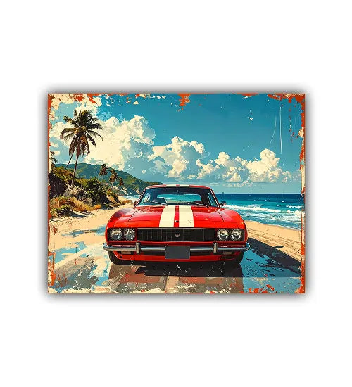 Red car beach landscape canvas wall art painting
