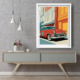 Retro city street red car canvas painting
