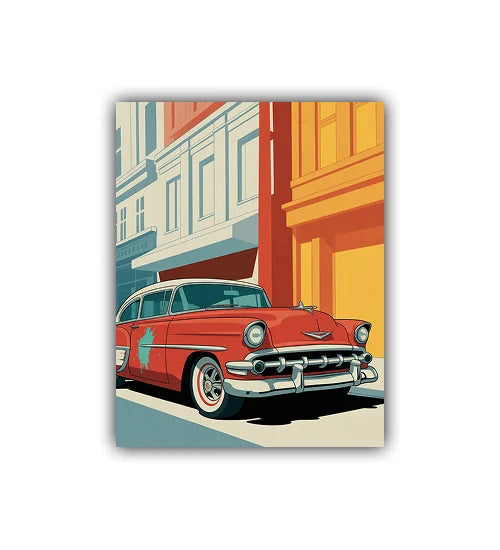 Retro red car city illustration canvas print
