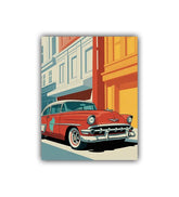 Retro red car city illustration canvas print
