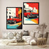 Two framed pop-art style wall prints showing red classic cars in colorful urban street scenes, displayed above a beige sofa in a styled living room.