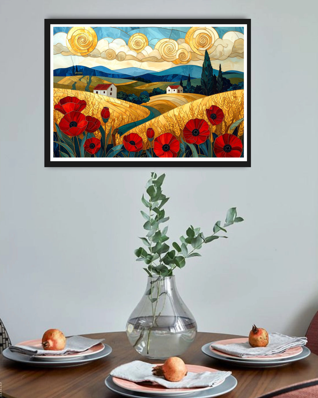 Stylized landscape with red flowers, houses, and a sun in a decorative frame.