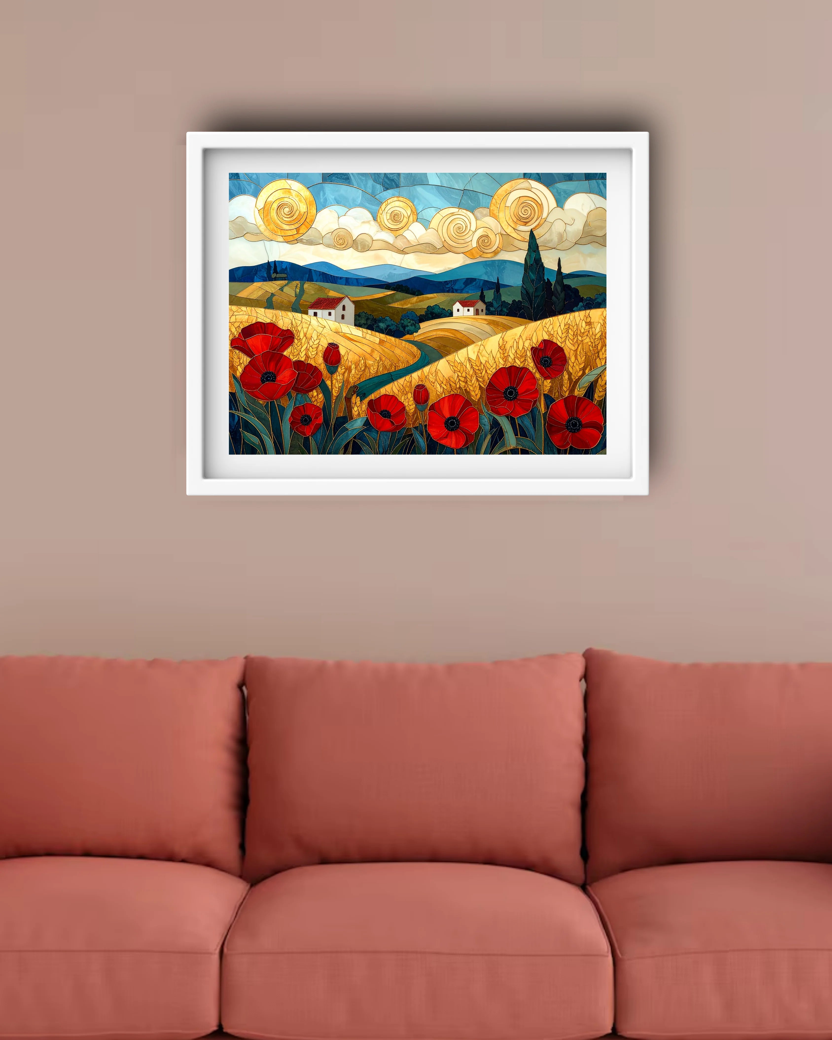 Stylized landscape with red flowers, houses, and a sun in a decorative frame.