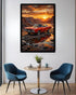 A framed vertical art print depicting a red muscle car parked on a rocky shore at sunset, displayed on a white wall above a small round table with two blue chairs in a modern room.