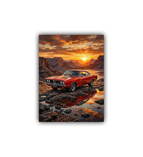 Vintage car parked by a lake with a sunset over mountains