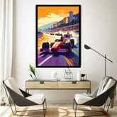 A framed vertical art print depicting a vibrant Formula 1 race scene in Monaco, featuring a red race car on a purple and orange track, displayed on a white wall in a modern living room setting.