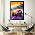 A framed vertical art print depicting a vibrant Formula 1 race scene in Monaco, featuring a red race car on a purple and orange track, displayed on a white wall in a modern living room setting.