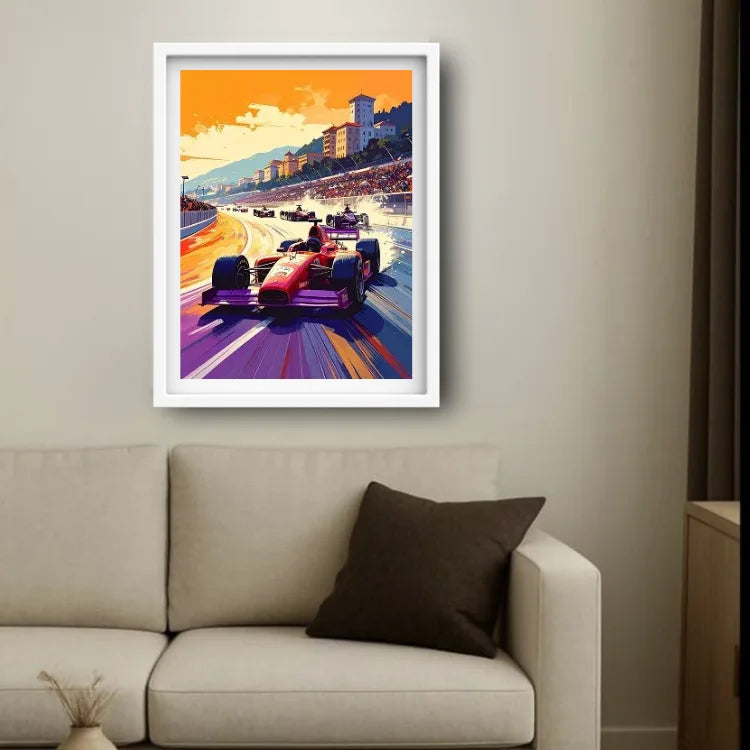 A framed art print of a vibrant Formula 1 race scene, featuring red cars on a colorful track under an orange sky, displayed on a beige wall above a modern sofa.