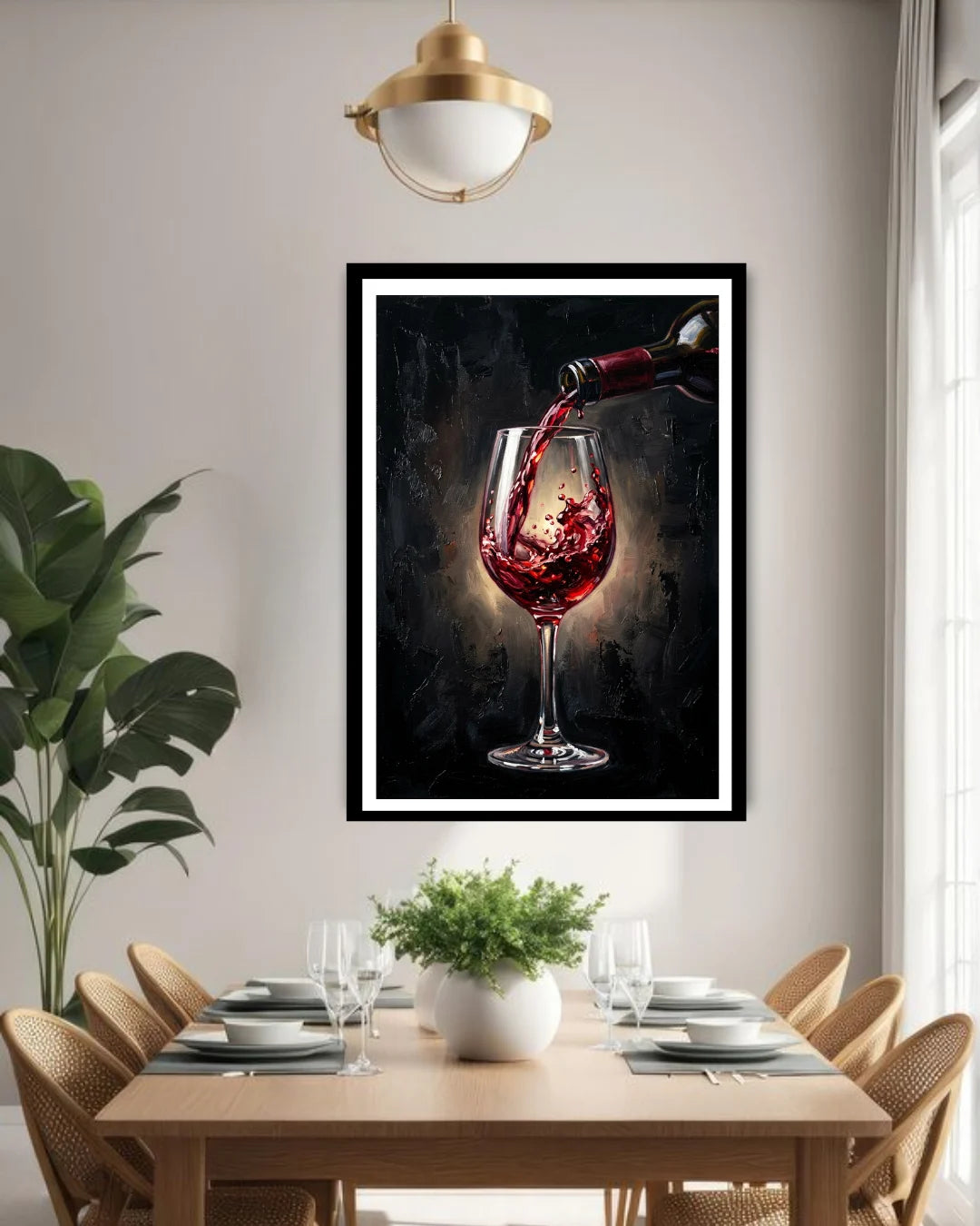 Framed artwork of red wine being poured into a glass above a dining table.