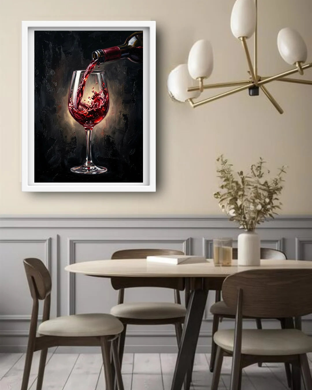 Framed artwork of a wine glass being poured above a dining table with chairs.