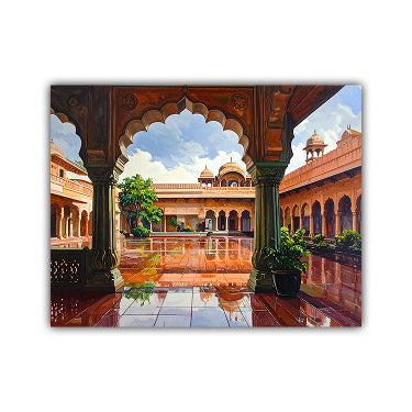A rectangular wall art print or canvas showing an architectural courtyard scene with arches, domes, reflective tiled floors, and blue sky, displayed against a plain white background.