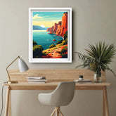 Sunset ocean cliffs retro wall art print