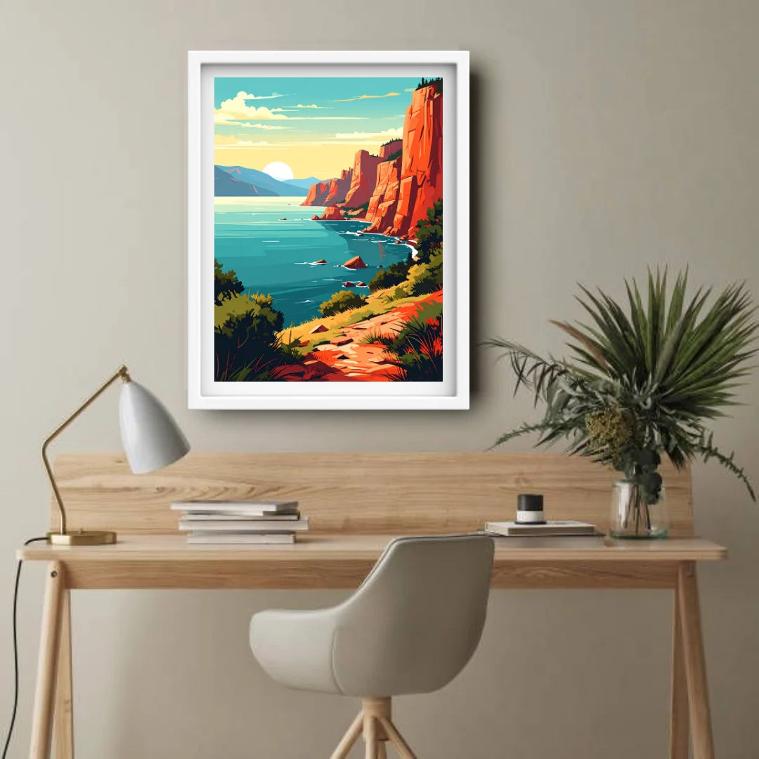 Sunset ocean cliffs retro wall art print