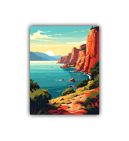 Vintage coastal landscape painting with ocean and cliffs