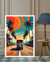 A vertical art print featuring a retro tropical road scene with palm trees, a teal tuk-tuk, and bold orange and teal swirls in the sky, displayed against a beige paneled wall next to a wooden floor lamp.