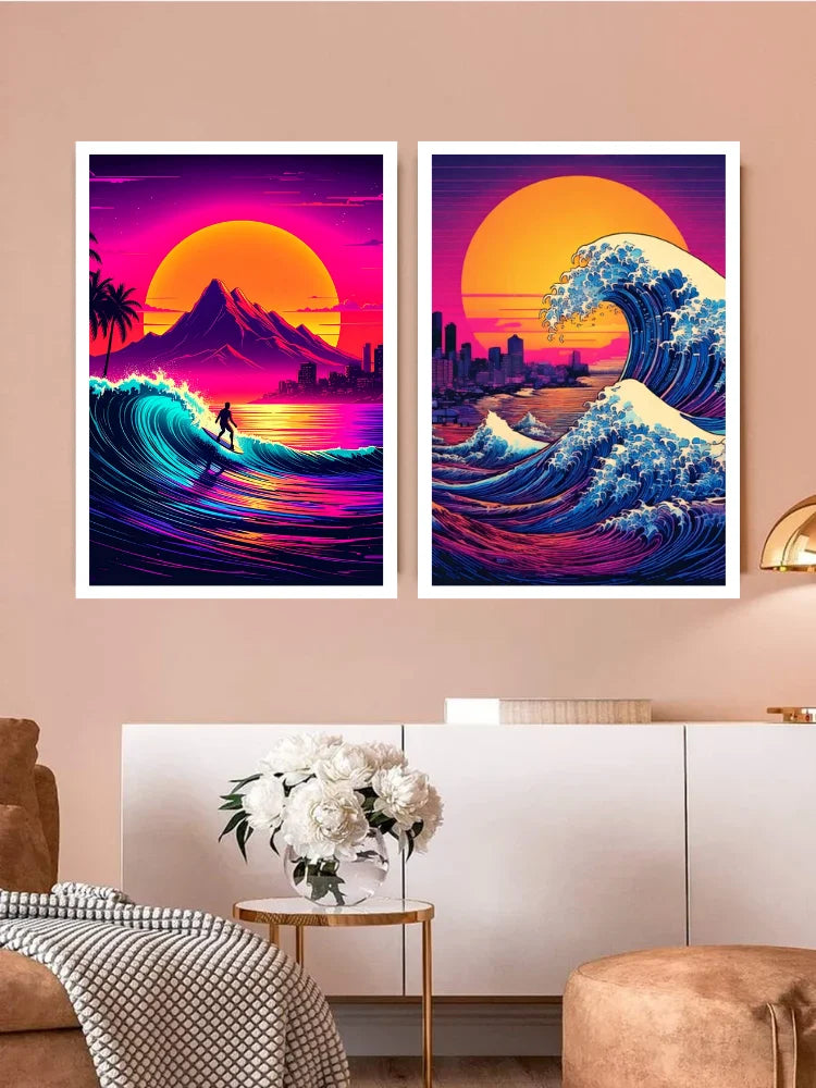 Two framed vertical art prints with vibrant retro-wave ocean and mountain scenes, displayed side by side on a beige wall above a white cabinet in a styled room.