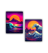 Retro style sunset ocean wave canvas wall art