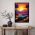 A framed vertical art print featuring a retro blue muscle car on a sunset road with palm trees and mountains, displayed on a wall above a wooden console table with a vase and books.