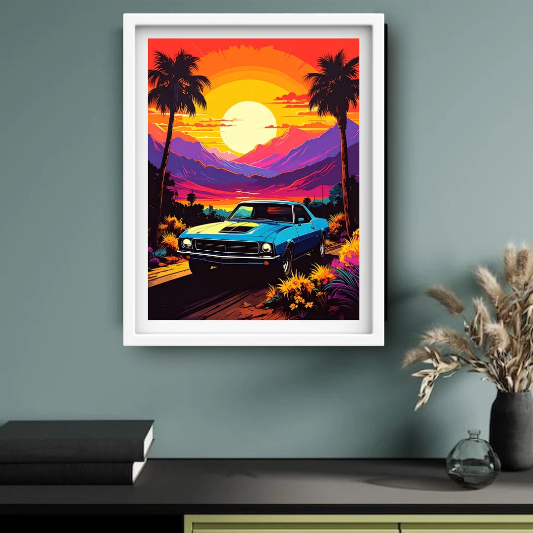 Nostalgic retro landscape with glowing sun