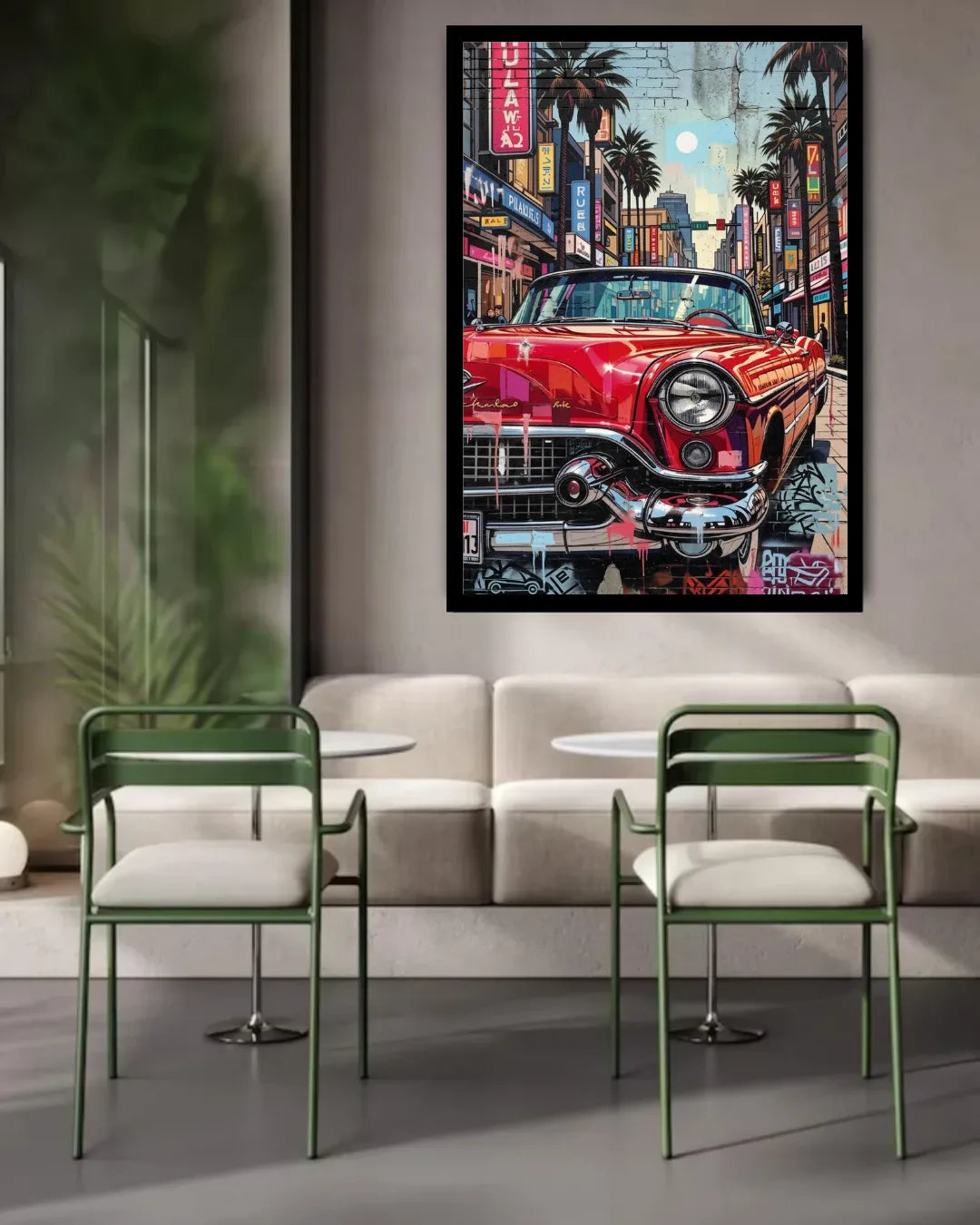 Framed artwork of a red car on a city street in a modern interior setting with green chairs and a beige sofa.