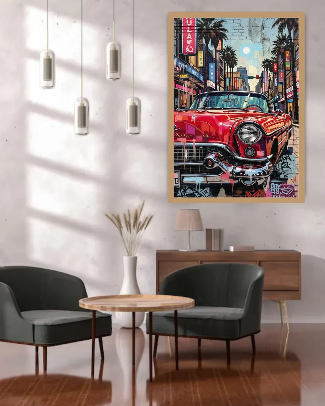 Framed artwork of a red car on a city street in a modern living room.